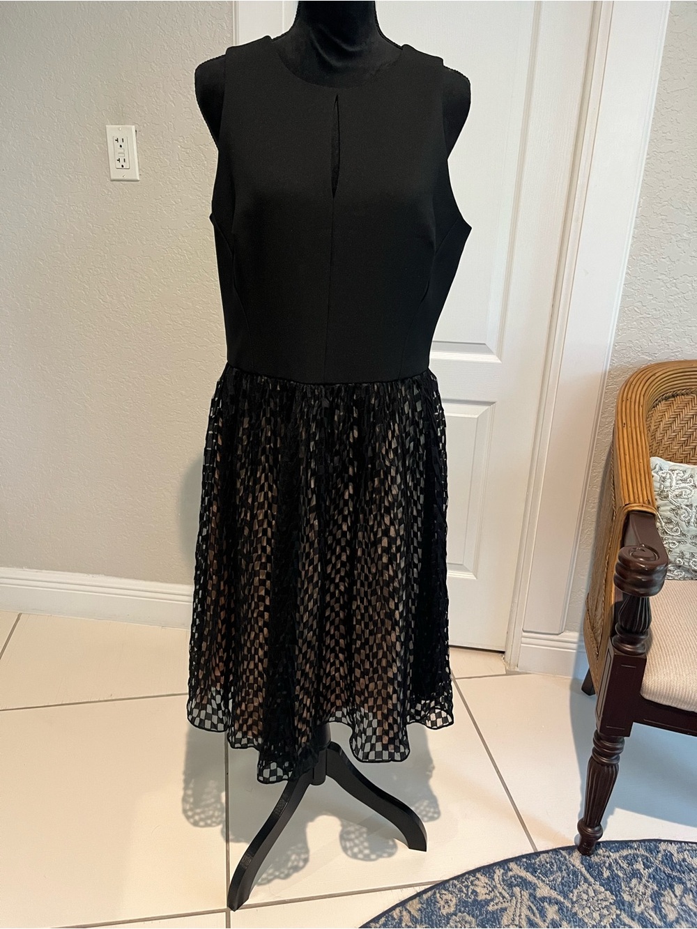 Maggy London Black Sleeveless Fit-and-Flare Dress with Sheer Patterned Skirt